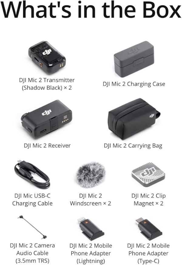 DJI Mic 2, Wireless Lavalier Microphone, Noise Cancelling, 48kHz 32-bit Float Internal Recording, 820 ft.(250m) Range, 18H Battery with Charging Case, Microphone for Camera/Phone, Vlog, Streaming - Image 2