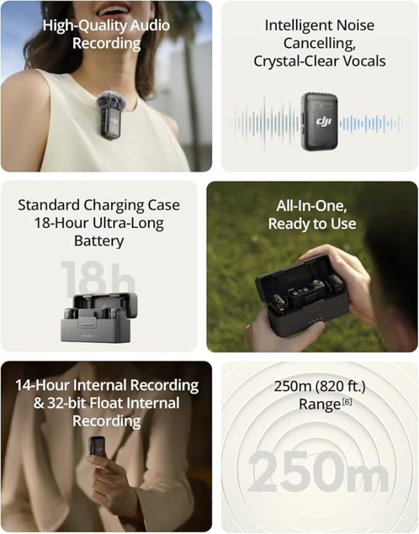 DJI Mic 2, Wireless Lavalier Microphone, Noise Cancelling, 48kHz 32-bit Float Internal Recording, 820 ft.(250m) Range, 18H Battery with Charging Case, Microphone for Camera/Phone, Vlog, Streaming - Image 6