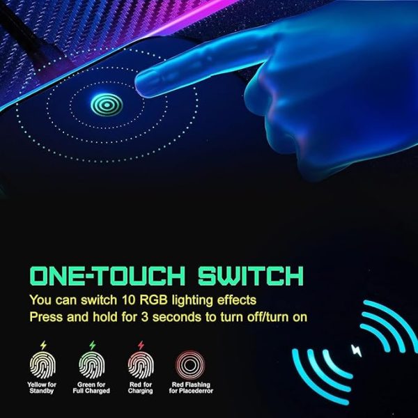 GIM Wireless Charging RGB Gaming Mouse Pad 10W, LED Mouse Mat 800x300x4MM, 10 Light Modes Extra Large Mousepad Non-Slip Rubber Base Computer Keyboard Mat for Gaming, MacBook, PC, Laptop, Desk - Image 3