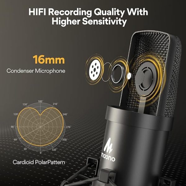 USB Microphone, MAONO 192KHZ/24Bit Plug & Play PC Computer Podcast Condenser Cardioid Metal Mic Kit with Professional Sound Chipset for Recording, Gaming, Singing, YouTube (AU-A04) - Image 5