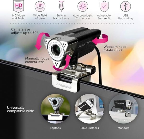 Aluratek HD 1080P Video Webcam for PC, MAC, Desktop & Laptop, Video Call, Conference, USB - Image 4
