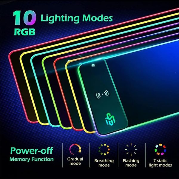 GIM Wireless Charging RGB Gaming Mouse Pad 10W, LED Mouse Mat 800x300x4MM, 10 Light Modes Extra Large Mousepad Non-Slip Rubber Base Computer Keyboard Mat for Gaming, MacBook, PC, Laptop, Desk - Image 5