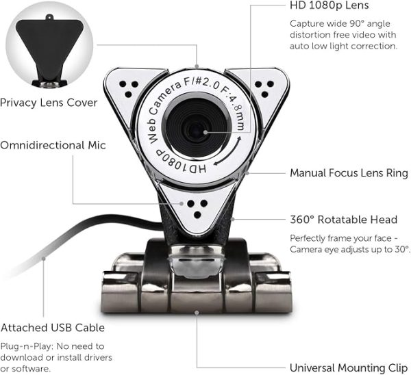 Aluratek HD 1080P Video Webcam for PC, MAC, Desktop & Laptop, Video Call, Conference, USB - Image 3