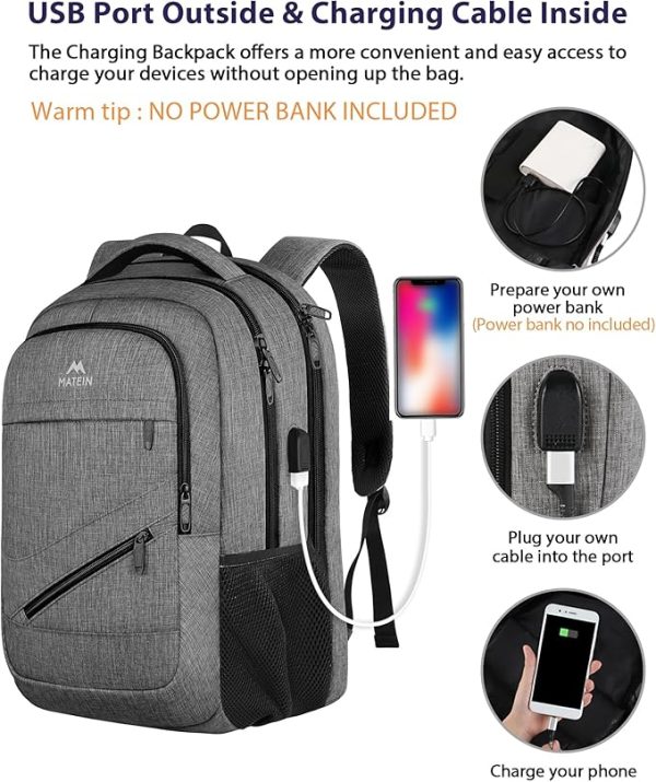 MATEIN Travel Laptop Backpack, 17 inch Business Flight Approved Carry on Backpack, TSA Large Computer Backpack for Men Women with USB Port and Trolley Sleeve, College School Tactical Book Bag, Grey - Image 3