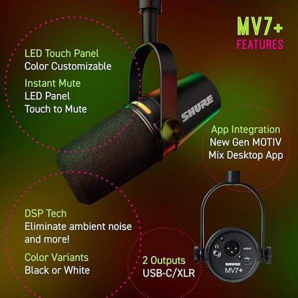 Shure MV7+ Podcast Dynamic Microphone. OBS Certified, Enhanced Audio, LED Touch Panel, USB-C & XLR Outputs, Auto Level Mode, Digital Pop Filter, Reverb Effects, Podcasting, Streaming, Recording -Black - Image 5