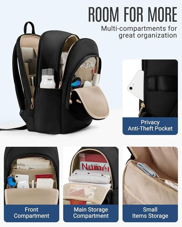 LIGHT FLIGHT Travel Backpack for Women, 15.6 Inch Anti Theft Laptop Backpack with USB Charging Hole, Water Resistant College Bookbag, Large Capacity Black Computer Backpacks for Work, Black - Image 4