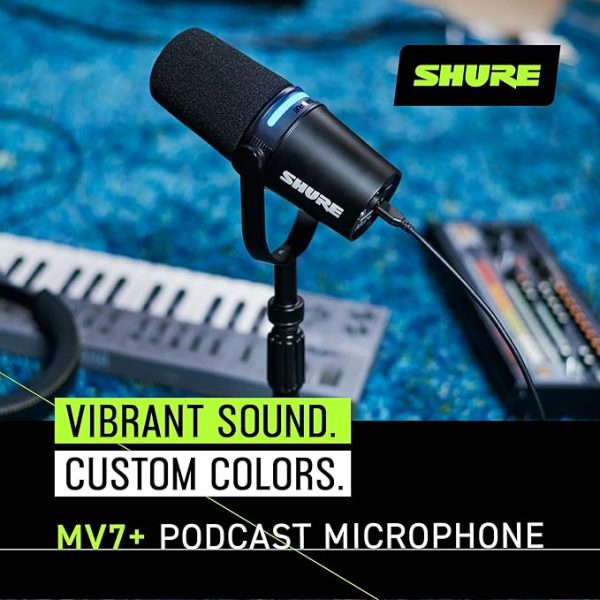 Shure MV7+ Podcast Dynamic Microphone. OBS Certified, Enhanced Audio, LED Touch Panel, USB-C & XLR Outputs, Auto Level Mode, Digital Pop Filter, Reverb Effects, Podcasting, Streaming, Recording -Black - Image 2