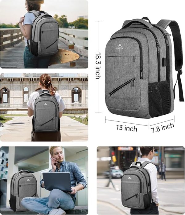 MATEIN Travel Laptop Backpack, 17 inch Business Flight Approved Carry on Backpack, TSA Large Computer Backpack for Men Women with USB Port and Trolley Sleeve, College School Tactical Book Bag, Grey - Image 2